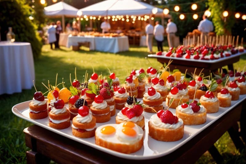 Buffert catering av händelse av söta dessertdiskar för utomhusfestsbröllopsmat stock illustrationer