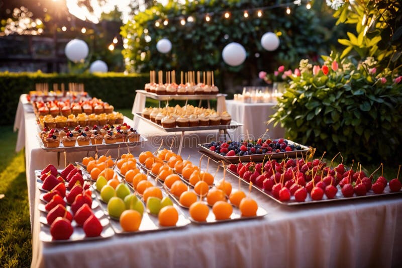 Buffert catering av händelse av söta dessertdiskar för utomhusfestsbröllopsmat vektor illustrationer