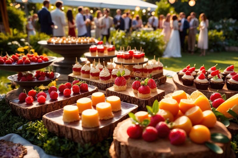 Buffert catering av händelse av söta dessertdiskar för utomhusfestsbröllopsmat stock illustrationer