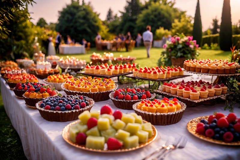 Buffert catering av händelse av söta dessertdiskar för utomhusfestsbröllopsmat vektor illustrationer