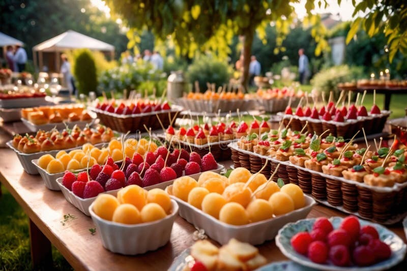 Buffert catering av händelse av söta dessertdiskar för utomhusfestsbröllopsmat royaltyfri illustrationer