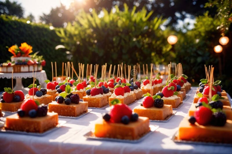 Buffert catering av händelse av söta dessertdiskar för utomhusfestsbröllopsmatfoto
