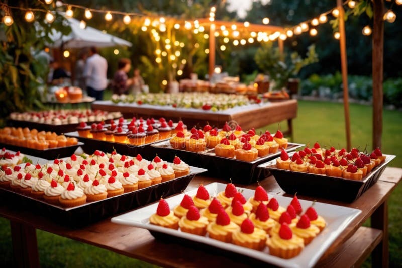 Buffert catering av händelse av söta dessertdiskar för utomhusfestsbröllopsmat vektor illustrationer