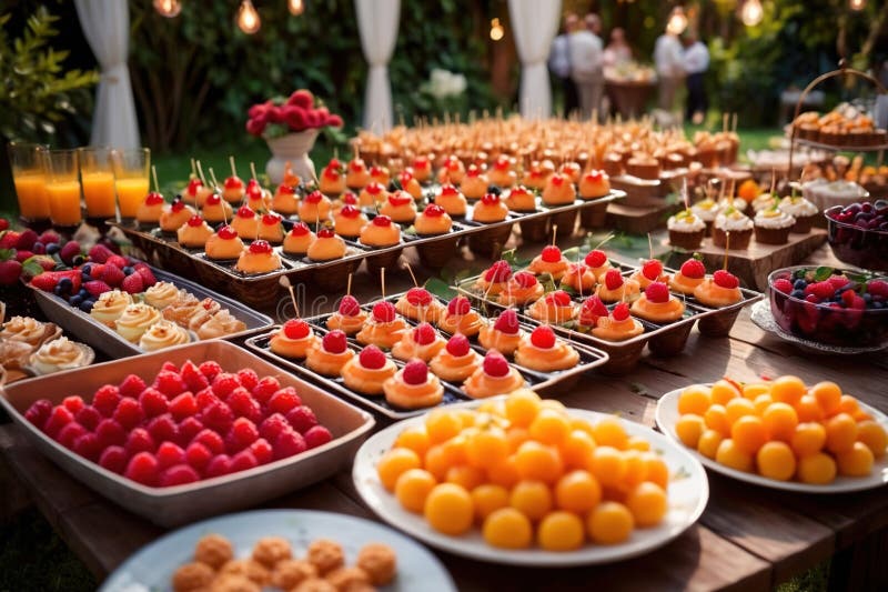 Buffert catering av händelse av söta dessertdiskar för utomhusfestsbröllopsmat royaltyfri illustrationer