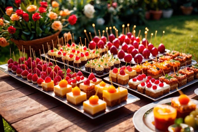 Buffert catering av händelse av söta dessertdiskar för utomhusfestsbröllopsmat stock illustrationer