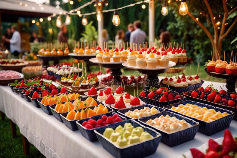 Buffert catering av händelse av söta dessertdiskar för utomhusfestsbröllopsmat vektor illustrationer