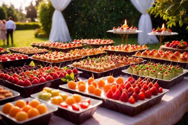 Buffert catering av händelse av söta dessertdiskar för utomhusfestsbröllopsmat royaltyfri illustrationer