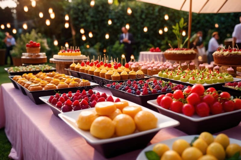 Buffert catering av händelse av söta dessertdiskar för utomhusfestsbröllopsmat royaltyfri illustrationer