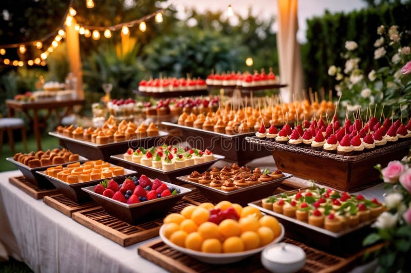 Buffert catering av händelse av söta dessertdiskar för utomhusfestsbröllopsmat royaltyfri illustrationer