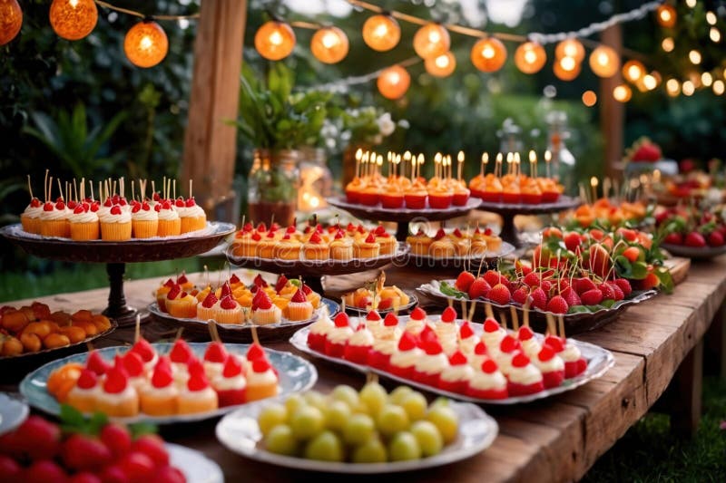 Buffert catering av händelse av söta dessertdiskar för utomhusfestsbröllopsmat stock illustrationer