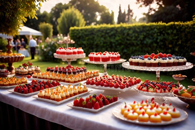 Buffert catering av händelse av söta dessertdiskar för utomhusfestsbröllopsmat royaltyfri illustrationer