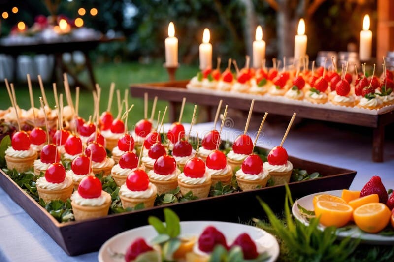 Buffert catering av händelse av söta dessertdiskar för utomhusfestsbröllopsmat vektor illustrationer