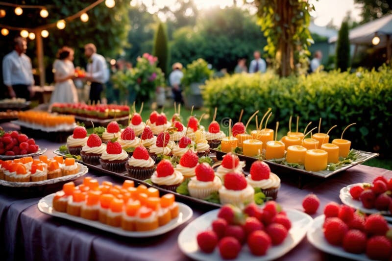 Buffert catering av händelse av söta dessertdiskar för utomhusfestsbröllopsmat royaltyfri illustrationer