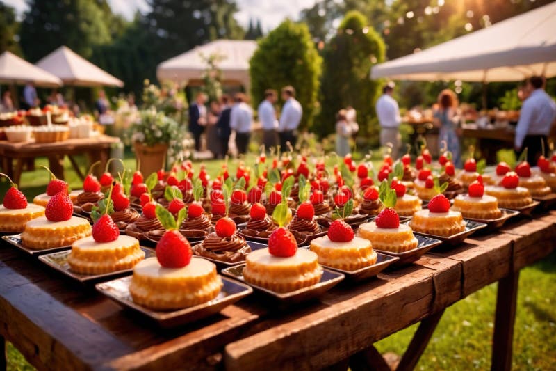 Buffert catering av händelse av söta dessertdiskar för utomhusfestsbröllopsmat stock illustrationer