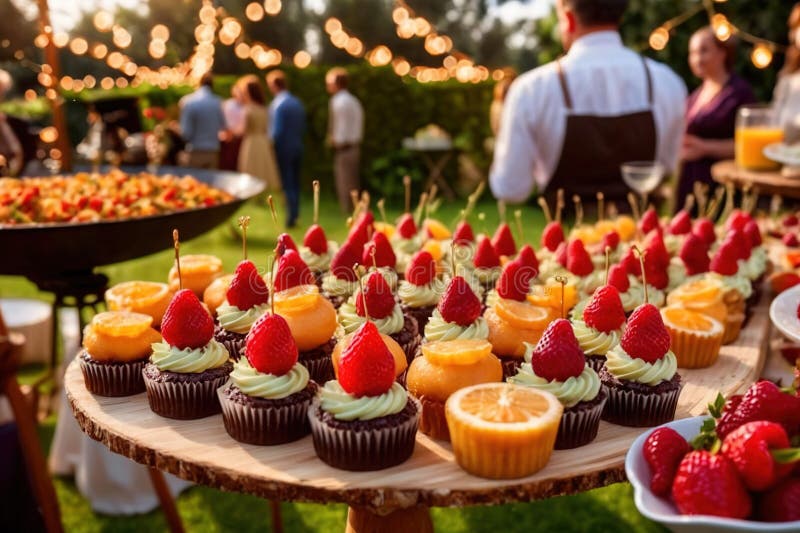 Buffert catering av händelse av söta dessertdiskar för utomhusfestsbröllopsmat royaltyfri illustrationer