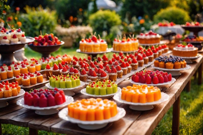 Buffert catering av händelse av söta dessertdiskar för utomhusfestsbröllopsmat stock illustrationer