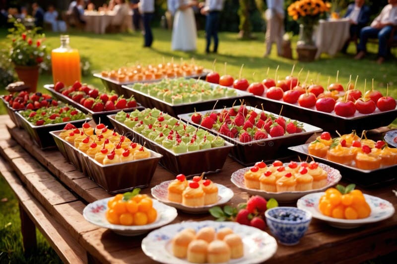 Buffert catering av händelse av söta dessertdiskar för utomhusfestsbröllopsmat vektor illustrationer