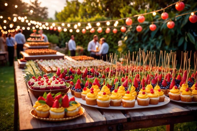 Buffert catering av händelse av söta dessertdiskar för utomhusfestsbröllopsmat royaltyfri illustrationer