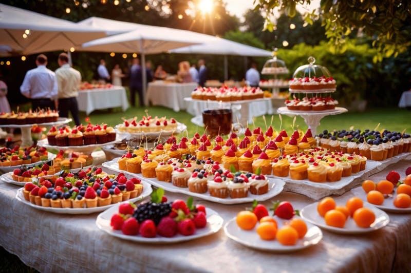 Buffert catering av händelse av söta dessertdiskar för utomhusfestsbröllopsmat vektor illustrationer