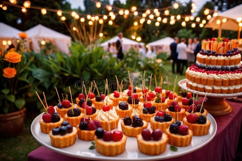 Buffert catering av händelse av söta dessertdiskar för utomhusfestsbröllopsmat royaltyfri illustrationer