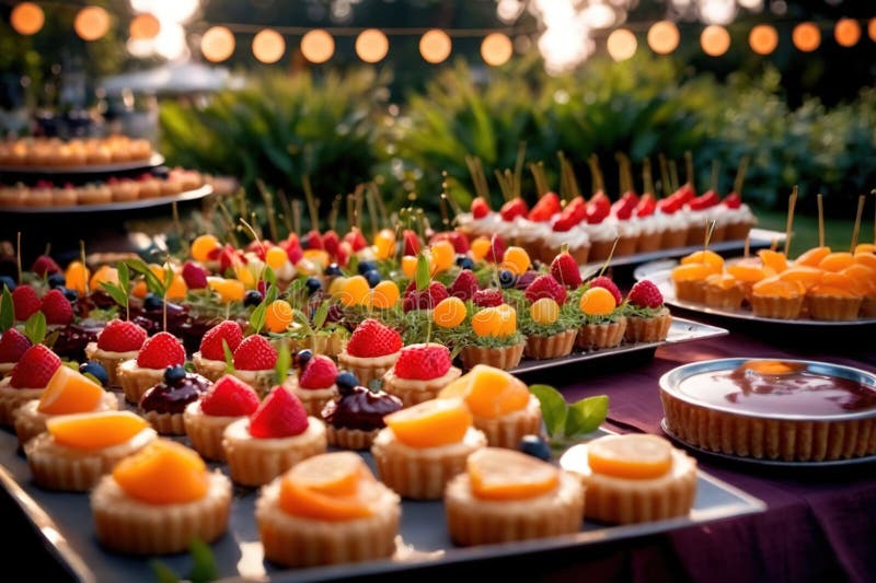 Buffert catering av händelse av söta dessertdiskar för utomhusfestsbröllopsmat stock illustrationer