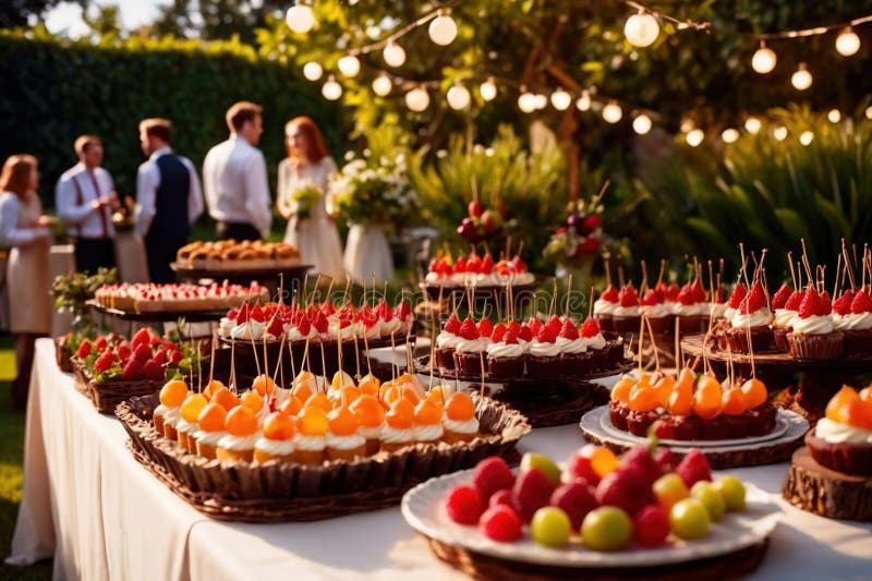 Buffert catering av händelse av söta dessertdiskar för utomhusfestsbröllopsmat stock illustrationer