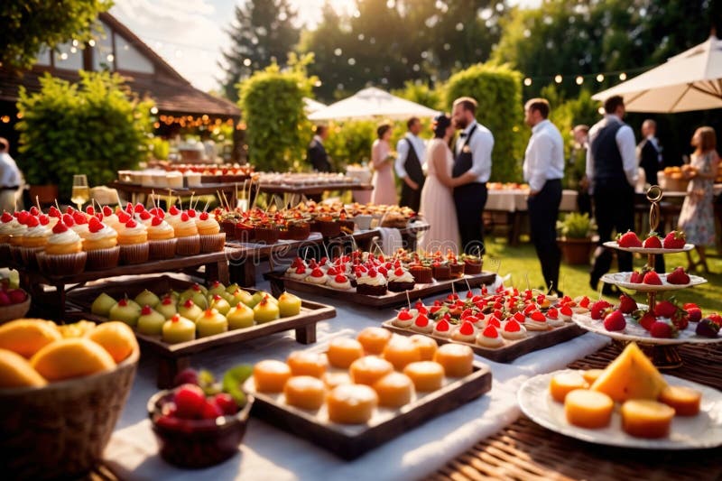 Buffert catering av händelse av söta dessertdiskar för utomhusfestsbröllopsmat vektor illustrationer