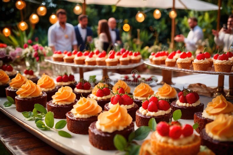 Buffert catering av händelse av söta dessertdiskar för utomhusfestsbröllopsmat royaltyfri illustrationer