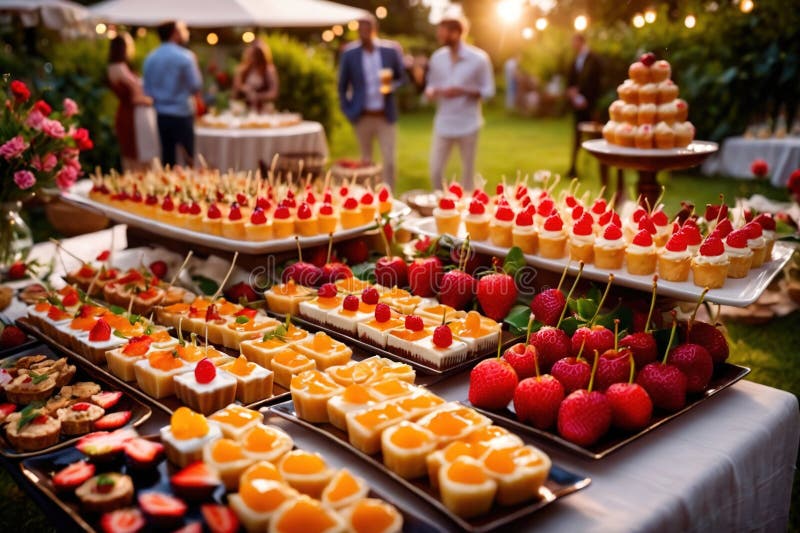 Buffert catering av händelse av söta dessertdiskar för utomhusfestsbröllopsmat stock illustrationer