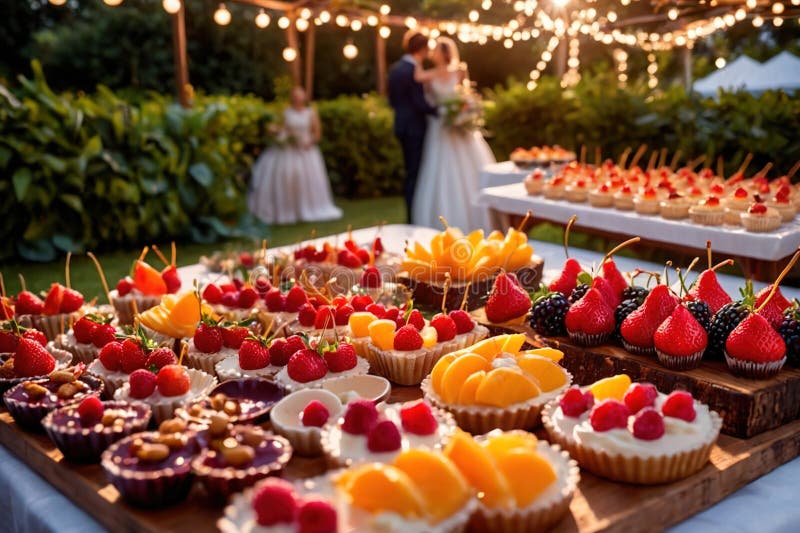 Buffert catering av händelse av söta dessertdiskar för utomhusfestsbröllopsmat vektor illustrationer