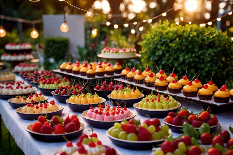 Buffert catering av händelse av söta dessertdiskar för utomhusfestsbröllopsmat royaltyfri illustrationer