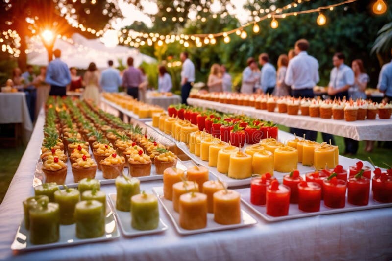 Buffert catering av händelse av söta dessertdiskar för utomhusfestsbröllopsmat stock illustrationer
