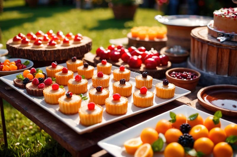 Buffert catering av händelse av söta dessertdiskar för utomhusfestsbröllopsmat stock illustrationer