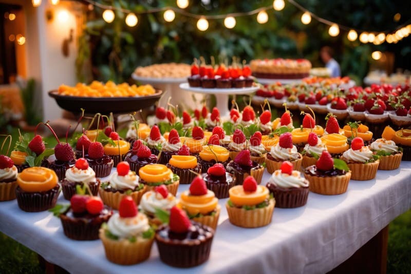 Buffert catering av händelse av söta dessertdiskar för utomhusfestsbröllopsmat stock illustrationer