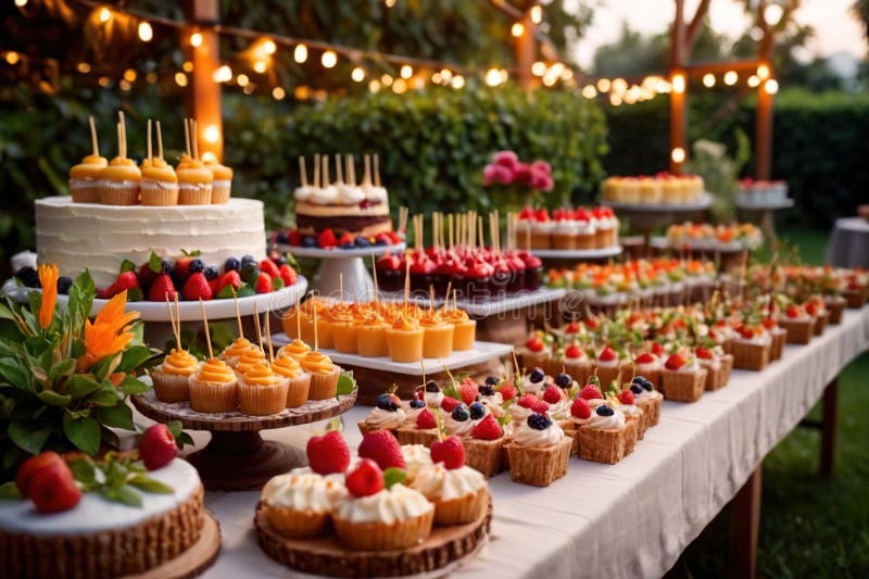 Buffert catering av händelse av söta dessertdiskar för utomhusfestsbröllopsmat vektor illustrationer