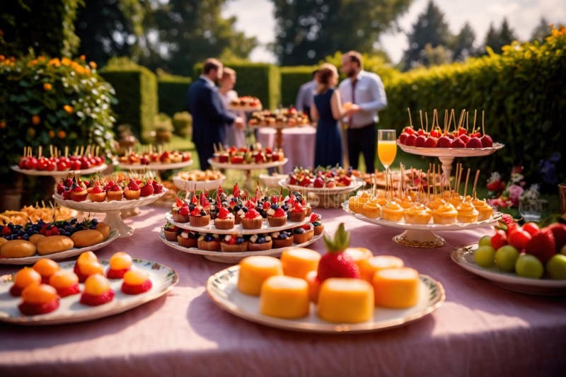 Buffert catering av händelse av söta dessertdiskar för utomhusfestsbröllopsmat stock illustrationer