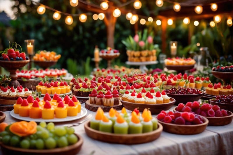 Buffert catering av händelse av söta dessertdiskar för utomhusfestsbröllopsmat vektor illustrationer