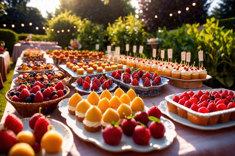 Buffert catering av händelse av söta dessertdiskar för utomhusfestsbröllopsmat royaltyfri illustrationer