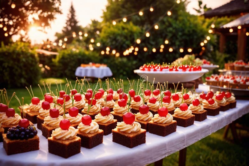 Buffert catering av händelse av söta dessertdiskar för utomhusfestsbröllopsmat royaltyfri illustrationer