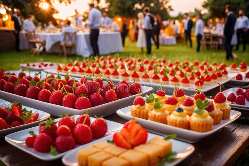 Buffert catering av händelse av söta dessertdiskar för utomhusfestsbröllopsmat stock illustrationer