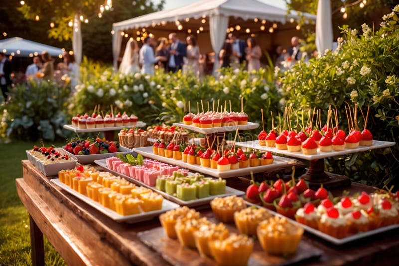Buffert catering av händelse av söta dessertdiskar för utomhusfestsbröllopsmat vektor illustrationer