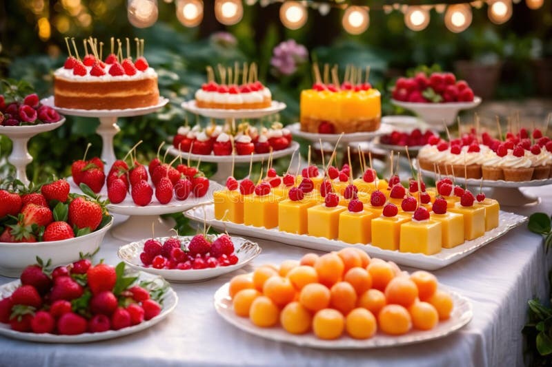 Buffert catering av händelse av söta dessertdiskar för utomhusfestsbröllopsmat royaltyfri illustrationer