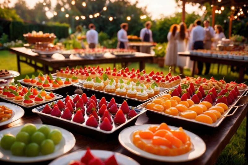 Buffert catering av händelse av söta dessertdiskar för utomhusfestsbröllopsmat stock illustrationer
