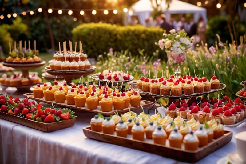 Buffert catering av händelse av söta dessertdiskar för utomhusfestsbröllopsmat royaltyfri illustrationer