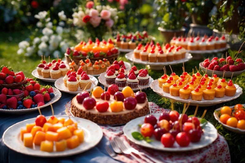 Buffert catering av händelse av söta dessertdiskar för utomhusfestsbröllopsmat vektor illustrationer