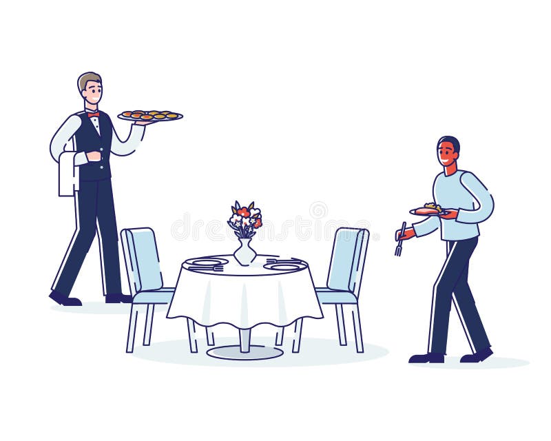 Buffertcatering på restaurang eller hotell. affärsevenemang eller firmanapport och besökare med plåt stock illustrationer