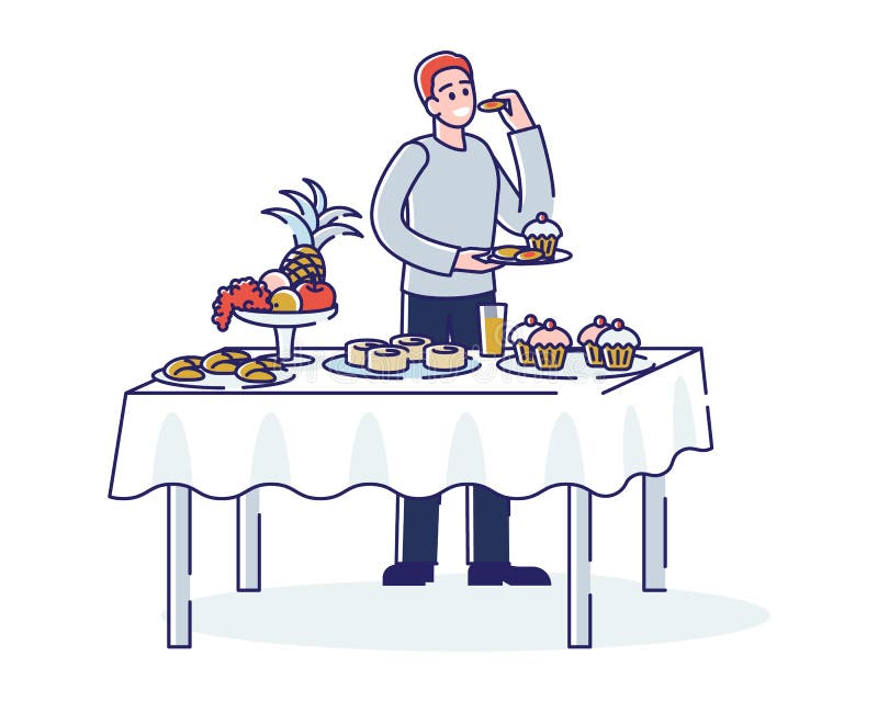 Buffet catering. en man som står på ett bord serverad med söta desserter och som äter rik mat vektor illustrationer