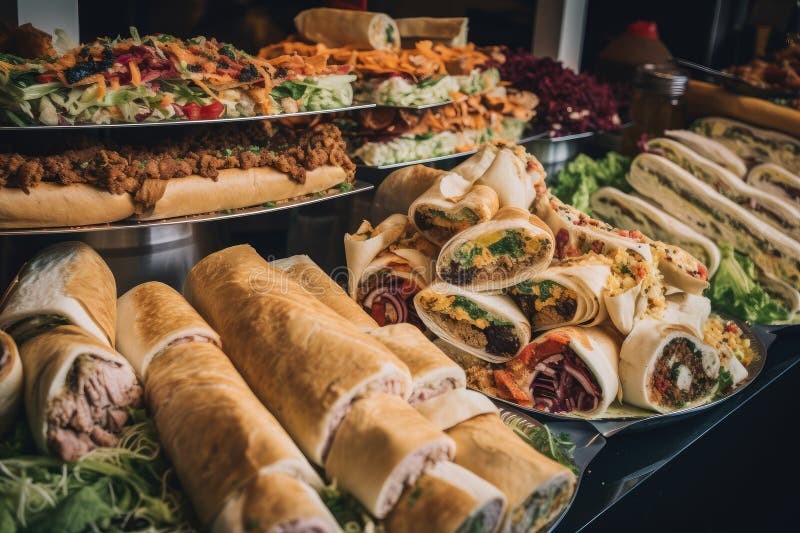 Buffet of Different Sandwiches and Wraps, with a Variety of Fillings