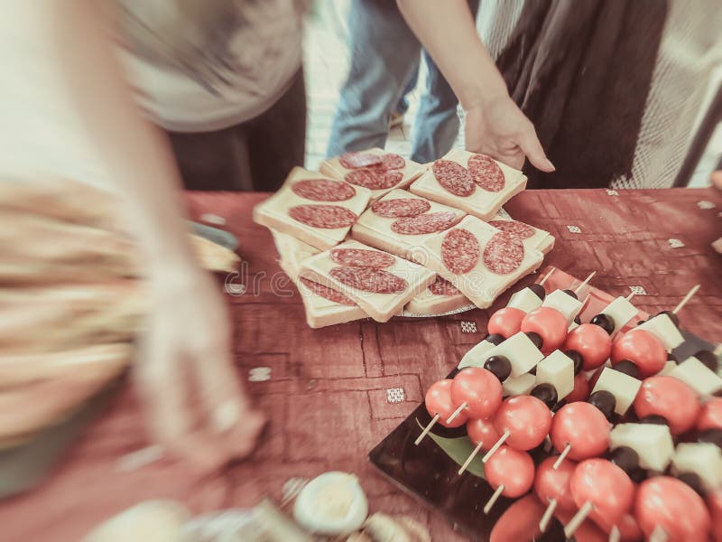 Buffet dinner at the cottage. Feast on the nature, sandwiches, pie with meat, khachapuri, fish, vegetables