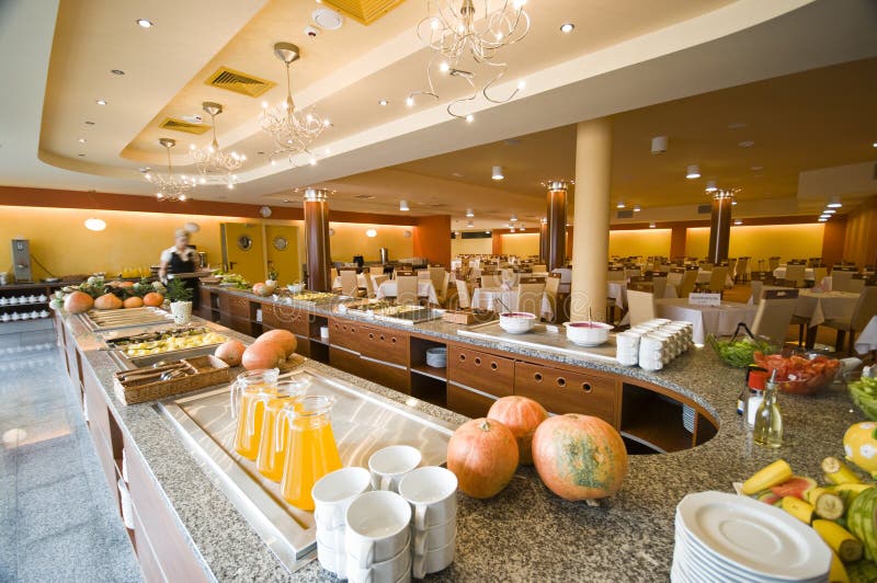 Buffet in hotel dining room royalty free stock photo